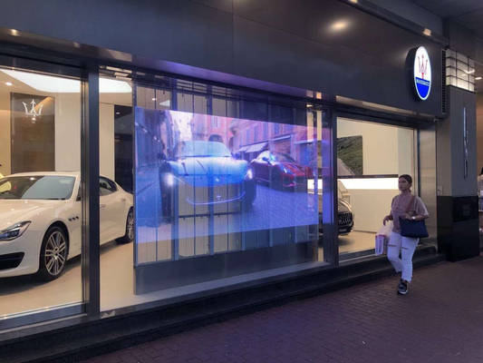 الإضاءة الجانبية P3.91-7.8 شاشة LED شفافة ذات سطوع عالٍ انظر من خلال LED لمدخل زجاجي